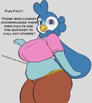 anthro beak big_breasts blue_body blue_eyes blue_feathers bottomwear breasts brown_bottomwear brown_clothing brown_pants clothing crop_top dialogue feathers female flippers grey_background midriff pants pink_clothing pink_shirt pink_topwear pokemorph shirt simple_background solo text thick_thighs topwear yoga_pants plantedpot nintendo pokemon malinda_(plantedpot) avian bird generation_4_pokemon penguin piplup pokemon_(species) 2022 english_text hi_res portrait three-quarter_portrait