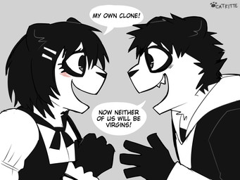 accessory anthro black_hair blush clone clothed clothing crossgender duo female fur grey_background grey_eyes hair hair_accessory hairpin hoodie male short_hair simple_background square_crossover text topwear white_body white_fur catkitte panda_(catkitte) bear giant_panda mammal 2021 4:3 english_text hi_res restricted_palette