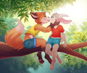 anthro branch clothing duo female female/female fluffy fluffy_tail french_kissing kissing pawpads sitting tail tongues_touching young b-ern canid canine fox lagomorph mammal hi_res