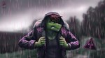 anthro bared_teeth black_clothing black_jacket black_topwear blurred_background brown_hair clothed clothing front_view green_body hair hazard_symbol jacket logo male narrowed_eyes open_clothing open_jacket open_topwear outside radiation_symbol raining red_eyes short_hair solo standing symbol text topwear cereus93 scalie 16:9 artist_logo artist_name widescreen