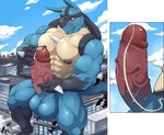 abs absurd_res anthro balls biceps big_muscles blue_body blue_feathers blush bodily_fluids building canid canine city cock_vore cum digital_media_(artwork) erection feathers generation_4_pokemon genital_fluids genitals hi_res huge_muscles internal lucario macro maldu male mammal masturbation multiple_prey muscular muscular_male nintendo penile penis pokemon pokemon_(species) precum sitting sitting_on_building solo spines tail togepi1125 urethra vore