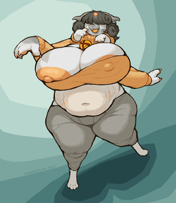 4_arms anthro areola bell bell_collar big_breasts bottomwear breasts cleavage_cutout clothing collar curly_hair curved_horn cutout denim denim_bottomwear denim_clothing digitigrade female fur green_background grey_body grey_fur hair hair_over_eye horn huge_breasts jeans multi_arm multi_limb multicolored_body multicolored_fur nipples open_mouth open_smile orange_areola orange_nipples orange_pawpads pants pawpads paws simple_background slightly_chubby slightly_chubby_anthro slightly_chubby_female smile solo stretch_marks sweater thick_thighs topwear turtleneck two_tone_body two_tone_fur white_body white_fur wide_hips wonderslug ambiguous_species domestic_cat felid feline felis mammal hi_res gynomorph_(lore) nonbinary_(lore)