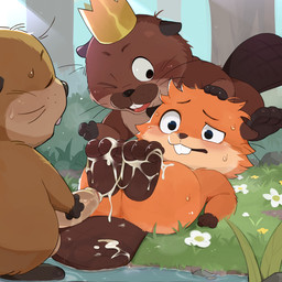 ambiguous_gender balls beaver_tail blush bodily_fluids brown_body brown_fur crown cum cum_on_feet detailed_background embarrassed feet feral flower foot_fetish forest_background fur genital_fluids genitals grass group happy headgear lying male on_back open_mouth orange_body orange_fur paws penis plant sweat sweatdrop tail tree trio zsloth disney hoppers_(disney) pixar king_george_(hoppers) loaf_(hoppers) mabel_tanaka beaver mammal rodent 1:1 absurd_res colored hi_res