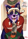 anthro blonde_hair bodily_fluids cheek_tuft christmas_clothing christmas_headwear christmas_sweater christmas_topwear clothing cum cum_drip cum_on_face dialogue dick_in_a_box dripping ear_piercing ear_ring facial_tuft first_person_view fur genital_fluids genital_piercing genitals gold_(metal) gold_cock_ring gold_jewelry hair hat headgear headwear holidays jewelry male male/male one_eye_closed open_mouth open_smile penis penis_piercing piercing prince_albert_piercing purple_body purple_fur ring_piercing santa_hat smile solo_focus speech_bubble sweater text tongue tongue_out topwear tuft wide_eyed yuguni christmas philomaeus ryuzaki_(ryuzakitheumbreon) canid canine canis domestic_dog mammal murid murine rat rodent english_text hi_res