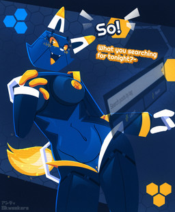 anthro big_breasts black_eyes blue_body blue_bottomwear blue_clothing blue_fur blue_inner_ear blue_pants blush bottomwear bottomwear_down breasts clitoris clothed clothing cute_fangs dialogue fangs female floating_ears floating_fingers floating_head fur genitals looking_at_viewer mascot nipples open_mouth orange_body orange_fur orange_sclera orange_vulva pants pants_down partially_clothed raised_hand smile solo talking_to_viewer teeth text topless vulva white_nose wide_hips yellow_body yellow_fur yellow_nipples skweekers e621 esix domestic_cat felid feline felis mammal 2026 english_text hi_res