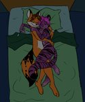 3_toes anthro anthro_on_anthro bed bed_sheet bedding bedroom black_body black_fur breasts convenient_censorship cuddling duo eyewear feet female fur furniture glasses hair hug intimate male male/female nude orange_body orange_fur pillow pink_hair purple_body purple_fur sleeping stripes toes metal_(artist) sai_(lovelymiyu) steve_(smsfoxx) canid canine felid fox mammal pantherine red_fox tiger true_fox 2012 digital_media_(artwork)