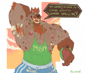 5_fingers anthro areola arm_tuft armpit_fetish armpit_hair asking_viewer barazoku baseball_cap beard biceps big_muscles big_pecs biped black_nails black_nose bodily_fluids body_hair bottomwear bracelet brown_body brown_eyebrows brown_fur brown_hair chest_hair chest_tuft claws clothed clothing colored_nails dialogue elbow_tuft eyebrows facial_hair fingers fur green_eyes hair hand_behind_head hat headgear headwear huge_muscles huge_pecs jewelry looking_at_viewer male manly muscular muscular_anthro muscular_male musk musk_cloud nails name_in_dialogue nipples obliques open_mouth open_smile pecs pink_nipples presenting_armpit raised_arm requesting serratus shirt shorts simple_background smile sniffing_request solo spots standing sweat sweaty_armpit talking_to_viewer tank_top teeth text text_on_clothing text_on_shirt text_on_tank_top text_on_topwear thick_arms topwear tuft ritsukaxan canid canine canis domestic_dog felid mammal pantherine 2025 artist_name colored digital_drawing_(artwork) digital_media_(artwork) english_text hi_res signature spanish_text