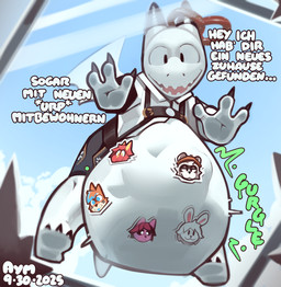 2_horns 3_fingers 3_toes against_surface all_fours ambiguous_anthro ambiguous_gender ambiguous_pred anthro anthro_pred barefoot belly belly_on_glass belly_squish big_belly biped black_claws black_horn bloated bodily_noises burping claws clothed clothed_ambiguous clothed_anthro clothing dialogue dialogue_with_sound_effects digestion digestion_noises dripping_text ellipsis feet finger_claws fingers food food_on_head foot_on_glass fully_inside glass glass_ceiling green_text group gurgle_(sound_effect) hands_on_glass head_horn holidays horn huge_belly inside interrupted_speech lederhosen light looking_at_viewer looking_down looking_down_at_viewer low-angle_view monotone_arms monotone_belly monotone_body monotone_face monotone_tail motion_lines multiple_prey on_glass on_glass_surface onomatopoeia open_mouth open_smile pretzel_(food) rumbling_stomach smile smiling_at_viewer smooth_horn soft_vore solo_focus sound_effects spread_legs spreading squish sticker stickers_on_belly stickers_on_body tail talking_to_viewer text toe_claws toes trio under_surface_view unseen_prey vore vore_invitation vore_tattoo white_arms white_belly white_body white_face white_feet white_hands white_tail white_text worm's-eye_view aymbord european_mythology mythology oktoberfest aymbord_(character) dragon mythological_creature mythological_scalie scalie western_dragon 2025 artist_name character_request dated digital_media_(artwork) english_description english_text german_text hi_res lighting shaded soft_shading translated male_(lore)