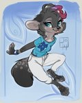 2020 anthro barefoot black_body black_fur black_nose blue_background blue_eyes bottomwear canid canine clothed clothing digital_media_(artwork) feet female fur hi_res highlights_(coloring) mammal pants paws reign-2004 simple_background smile solo tongue tongue_out