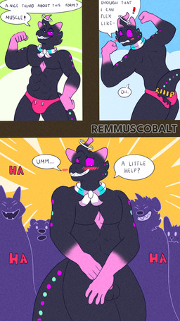 anthro balls clothing dialogue embarrassed exhibitionism exposed genitals group humiliation male male/male nude outside public swimwear text remmus_cobalt panazel_maria 4k 9:16 absurd_res comic english_text hi_res