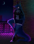 anthro blue_body blue_fur breasts city city_background clothed clothing female fur hair long_hair night smile solo roci74 lagomorph leporid mammal rabbit digital_media_(artwork) hi_res