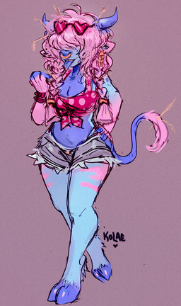 anthro belly bottomwear clothing crop_top denim denim_bottomwear denim_clothing denim_shorts ear_piercing ear_tag eyewear facial_piercing female fur glasses hair hair_over_eyes hand_on_hip heart_glasses hooved_toes hooves horn hotpants humanoid_hands long_hair nose_piercing nose_ring piercing pink_hair purple_body purple_fur purple_tongue ring_piercing shirt shorts solo tail thin_tail tongue tongue_out topwear kolae bovid bovine cattle mammal 2025 digital_drawing_(artwork) digital_media_(artwork) english_description hi_res sketch