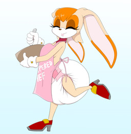 anthro apron baking big_diaper blue_background bowl breasts clean_diaper clothed clothing container cooking diaper eyelashes eyes_closed female footwear gloves hair handwear happy high_heels holding_bowl holding_container holding_object long_ears looking_at_viewer mature_anthro mature_female neckwear one_leg_up orange_hair rabbit_ears raised_leg running shoes side_boob side_view simple_background smile solo text text_on_apron text_on_clothing wearing_diaper white_body rinonno sega sonic_the_hedgehog_(series) vanilla_the_rabbit lagomorph leporid mammal rabbit 2020 absurd_res digital_media_(artwork) full-length_portrait hi_res portrait