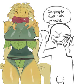 anthro biped breasts bulge clothed clothed_anthro clothed_female clothing dialogue duo female fingers front_view hair looking_at_viewer male navel simple_background smile speech_bubble standing tail teeth text yolabayola1 capcom monster_hunter fanged_wyvern jagras 2026 absurd_res digital_drawing_(artwork) digital_media_(artwork) english_text hi_res