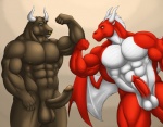 abs anthro athletic balls biceps big_balls big_muscles big_penis brown_body brown_fur brown_hair brown_penis duo erection facial_piercing flexing fur genitals glans green_eyes grin hair horn humanoid_genitalia humanoid_penis interspecies looking_at_genitalia looking_at_penis male male/male muscular muscular_male nipples nose_piercing nose_ring nude pecs penis piercing pose presenting presenting_penis red_body red_penis red_skin ring_piercing scales septum_piercing simple_background smile standing teeth white_body white_hair white_skin vamplust european_mythology mythology the_jedidragon bovid bovine cattle dragon mammal mythological_creature mythological_scalie reptile scalie western_dragon