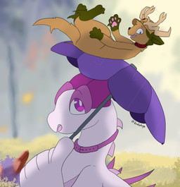 antlers black_nose collar digitigrade feet fur handpaw hindpaw holding_object holding_umbrella horn looking_up pawpads paws pink_pawpads pink_tongue purple_collar purple_eyes purple_umbrella raining red_collar size_difference tan_antlers tan_body tan_fur tongue umbrella white_body worried disotakyu mythology nintendo pokemon disotakyu_(disotakyu) canid canine deer dragon generation_2_pokemon legendary_pokemon lugia mammal mythological_creature mythological_scalie pokemon_(species) scalie 2026 digital_drawing_(artwork) digital_media_(artwork) hi_res shaded soft_shading
