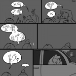 1:1 anthro avian bird bovid caprine car comic deer dialogue digital_media_(artwork) duo_focus ellipsis exclamation_point female food grey_background group hiding inside_car lying male mammal meat monochrome night on_back owl pictographics plant sausage scared sheep simple_background sky slypon star starry_sky suggestive tom_(ehs) tree vehicle
