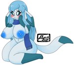 2023 alyrise anthro areola big_breasts blue_areola blue_body blue_fur blue_hair blue_nipples blush breasts curvy_figure eeveelution female fur generation_4_pokemon glaceon gloves_(marking) hair hand_on_breast hand_on_face kneeling leg_markings long_hair mammal markings mostly_nude navel nintendo nipples paws pokemon pokemon_(species) pokemorph scarf scarf_only screentone simple_background socks_(marking) solo teal_sclera thick_thighs white_background white_eyes wide_hips