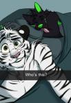 after_sex anthro bed black_body black_fur camera_view duo eyes_closed fur furniture green_eyes male pillow selfie sleeping stripes text tongue tongue_out whiskers white_body white_fur nicnak044 snapchat auron_(auron_the_wolf) warwelf canid canine canis felid mammal pantherine tiger wolf english_text hi_res