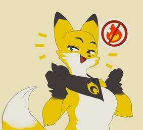 anthro countershade_face countershade_torso countershading dipstick_ears ear_markings emanata fangs featureless_chest female female_anthro fire fur gloves_(marking) kerchief kerchief_only looking_at_viewer markings mostly_nude multicolored_ears neckerchief neckerchief_only neckwear open_mouth open_smile smile smiling_at_viewer solo teeth white_body white_fur yellow_body yellow_fur weeeeps weepfish firesmartcanada ember_the_firesmart_fox canid canine fox mammal colored digital_media_(artwork) hi_res