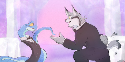 anthro blue_body blue_scales clothing duo feral fur grey_body grey_fur male male/male male_anthro male_feral scales smile topwear disney zootopia gary_de'snake pawbert_lynxley canada_lynx felid feline lynx mammal pit_viper reptile scalie snake viper absurd_res hi_res
