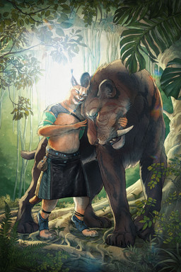 ambiguous_gender anthro armwear blue_eyes bottomwear brown_body brown_fur claws clothing detached_sleeves duo_focus ear_tuft eyes_closed facial_markings fangs feral footwear forest forest_background fur group head_markings hug jewelry kilt leaf light male markings necklace orange_body orange_fur paws pendant plant sabertooth_(anatomy) tail teeth toe_claws toeless_footwear tree trio tuft whiskers joaquin_baldwin noss_saga kulak_(noss_saga) caracal caracal_(genus) felid feline mammal prehistoric_species saber-toothed_tiger smilodon 2024 absurd_res digital_media_(artwork) hi_res lighting