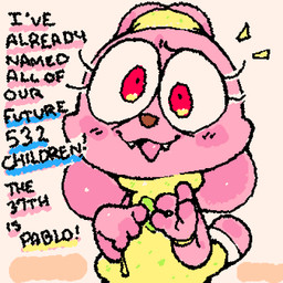 4_fingers anthro big_eyes black_text brown_nose clothed clothed_anthro clothed_female clothing cute_fangs dialogue dress emanata exclamation_point eyelashes fangs female female_anthro fingers front_view iris looking_at_viewer open_mouth pupils red_eyes simple_background solo tail talking_to_viewer teeth text yellow_clothing yellow_dress young young_anthro young_female ligma_(artist) cartoon_network chowder_(series) panini_(chowder) lagomorph leporid mammal rabbit 1:1 2026 animated archived_source digital_drawing_(artwork) digital_media_(artwork) english_text handwritten_text wigglypaint_(artwork)