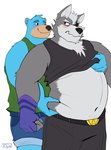 anthro belly belt blush bottomwear clothed clothing clothing_lift duo eye_patch eyewear fully_clothed gloves handwear male navel overweight overweight_male pants pinch shirt shirt_lift shirt_up topwear nastybearz nintendo star_fox wolf_o'donnell bear canid canine canis mammal wolf