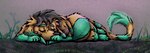 anthro calm eyelashes female fur lying multicolored_body multicolored_fur orange_body orange_fur plant sleeping slightly_chubby solo teal_body teal_fur deidad_dissitum leyki alien canid canine mammal hi_res