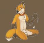 5_fingers animal_genitalia anthro balls biped brown_background butt collar fingers fully_sheathed genitals green_eyes leash looking_at_viewer male navel nude offering_leash sheath simple_background solo white_sheath horrorbuns sherbert canid canine fox mammal 2012 wallpaper