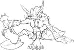 anthro belt bottomwear clothing ear_piercing ear_ring male open_mouth piercing pillow ring_piercing simple_background sitting skirt solo staff teeth_showing tongue_showing white_background thegreatmatsutzu bandai_namco digimon digimon_(species) humanoid ogre ogremon black_and_white monochrome sketch