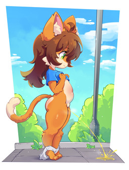 anthro bodily_fluids bottomless casual_urination clothed clothing clothing_lift curvy_figure female genital_fluids outdoor_nudity outside panties panties_down partially_clothed peeing peeing_outside public public_nudity public_urination shirt shirt_lift slightly_chubby solo thick_thighs topwear underwear underwear_down urine watersports young young_anthro young_female otakumarsupial domestic_cat felid feline felis mammal absurd_res hi_res