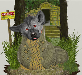 almost_fully_inside ambiguous_gender ambiguous_prey black_nose detailed_background duo feet_first feral feral_pred forest front_view fur glottis grass green_body green_scales grey_body grey_fur hair inner_ear_fluff jungle oral_vore plant red_eyes scales swallowing text tongue tree tuft vore alekthebeasty anaconda boa_(snake) boinae hyena mammal reptile scalie snake portuguese_text