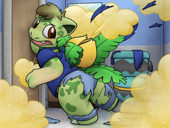 against_door against_surface ambiguous_gender bathroom blue_bottomwear blue_clothing blue_shirt blue_shorts blue_topwear bottomwear brown_eyes brown_hair claws clothing door door_handle doorknob eyebrows feral flower flower_on_body hair head_tuft leaf looking_back mirror open_mouth plant public_restroom restroom_stall shirt shorts solo spores toe_claws toilet topwear torn_clothing tuft worried yellow_flower crizbn nintendo pokemon generation_1_pokemon human ivysaur mammal pokemon_(species) 2025 4:3 hi_res