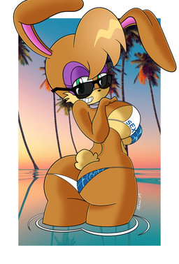 anthro bikini butt clothing eyewear eyewear_on_head female floppy_ears palm_tree photo_background plant pose sky smile smiling_at_viewer solo sunglasses sunglasses_on_head sunset swimwear text text_on_clothing text_on_swimwear tree two-piece_swimsuit water wearing_sunglasses mobian_monster archie_comics sega sonic_the_hedgehog_(archie) sonic_the_hedgehog_(comics) sonic_the_hedgehog_(series) bunnie_rabbot domestic_rabbit lagomorph leporid mammal oryctolagus rabbit absurd_res hi_res mixed_media photography_(artwork) pinup