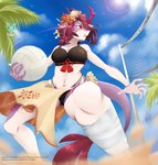 5_fingers accessory anthro big_breasts bikini bikini_bottom bikini_top breasts clothing cloud day female fingers flower flower_in_hair hair hair_accessory holding_volleyball horn low-angle_view navel open_mouth outside pink_eyes plant smile solo sport sun swimwear tail text thick_thighs two-piece_swimsuit volleyball al_sensei908 arknights hypergryph mythology studio_montagne fumizuki_(arknights) dragon mythological_creature mythological_scalie scalie 2020 absurd_res english_text hi_res