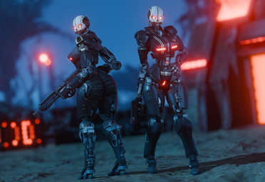 butt duo female front_view genitals glowing glowing_eyes gun hand_on_hip holding_gun holding_object holding_ranged_weapon holding_weapon looking_back machine mechanical_body ranged_weapon rear_view red_eyes standing vulva weapon wire juanratman plumpkinstem_(modeler) helldivers trooper_(helldivers) automaton humanoid robot 3d_(artwork) absurd_res digital_media_(artwork) hi_res