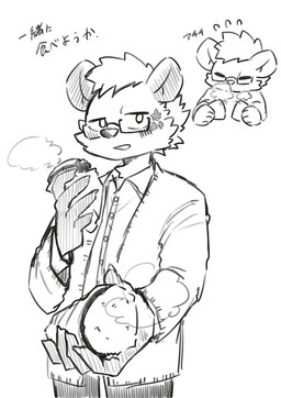 5_fingers anthro bedding blush bottomwear clothing eyes_closed eyewear fingers food fur glasses hair holding_food holding_object looking_at_viewer male pants shirt solo speech_bubble text topwear towel hayata_461 lifewonders live_a_hero roiker hyena mammal spotted_hyena hi_res japanese_text sketch