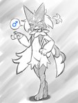 anthro barefoot biped feet flesh_fang fur hand_on_hip looking_aside male navel open_mouth open_smile pawpads pupils shadow short_tail smile solo speech_bubble tail sealer4258 nintendo pokemon generation_9_pokemon meowscarada pokemon_(species) hi_res monochrome sketch