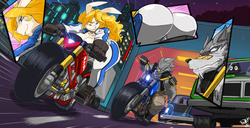 anthro big_breasts big_butt black_nose blonde_hair bottomwear breasts butt clothed clothed_anthro clothed_female clothed_male clothing duo female fur grey_body grey_fur hair male male/female motorcycle night pants race topwear vehicle vest white_body white_fur shonuff shred_(shonuff) canid canine canis lagomorph leporid mammal rabbit wolf 2026 absurd_res hi_res
