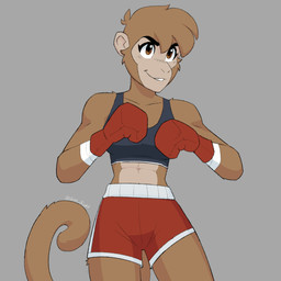anthro athletic athletic_anthro athletic_female bottomwear boxing_gloves bra brown_body brown_fur clothed clothing female fur handwear midriff shorts smile solo sports_bra underwear 427deer haplorhine mammal monkey primate 1:1 hi_res