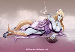 asian_clothing blonde_hair breasts cleavage clothed clothing east_asian_clothing female hair hand_fan horn japanese_clothing jewelry kimono kiseru lying necklace obi on_side scales smoking_pipe solo tail yellow_eyes nofuture mythology animal_humanoid dragon dragon_humanoid horned_humanoid humanoid mythological_creature mythological_scalie scalie scalie_humanoid tailed_humanoid 2021 hi_res