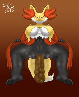 3_toes anthro anus black_body breasts crouching feces feces_in_ass feet fur genitals low-angle_view male multicolored_body multicolored_fur navel pooping red_body red_eyes red_fur simple_background solo tail toes vulva white_body white_fur worm's-eye_view yellow_body yellow_fur yellow_tail drain_scat nintendo pokemon delphox generation_6_pokemon pokemon_(species) 2025 hi_res