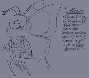 2_antennae 4_legs 4_wings antennae_(anatomy) arthropod_abdomen black_antennae flying grin head_tuft insect_wings lepidopteran_wings male multi_wing quadruped ruff side_view smile solo spread_wings teeth text toothy_grin tuft wings astromonkeyking nathan_(astromonkeyking) arthropod butterfly insect lepidopteran taur 2026 digital_drawing_(artwork) digital_media_(artwork) english_text monochrome