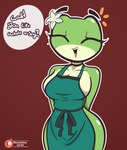 anthro apron apron_only big_breasts breasts choker clothing curvy_figure dialogue female flower green_body happy jewelry necklace non-mammal_breasts plant side_boob solo talking_to_viewer shnuzzlez lily_(shnuzzlezz) amphibian frog absurd_res hi_res