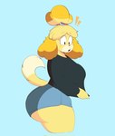 accessory anthro big_breasts big_butt black_eyes black_nose blonde_hair blush blush_stickers bottomwear breasts butt clothing clothing_pull cyan_background ear_tuft exclamation_point female fur hair hair_accessory hair_tie hourglass_figured_female huge_butt huge_thighs looking_down open_mouth shirt shirt_pull shorts simple_background solo standing tail thick_thighs topwear topwear_pull tuft yellow_body yellow_fur yellow_tail kevhypep animal_crossing nintendo isabelle_(animal_crossing) canid canine canis domestic_dog mammal shih_tzu toy_dog 2024 digital_drawing_(artwork) digital_media_(artwork) hi_res