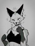 anthro cheek_piercing clothed clothing dimple_piercing eyes_closed female fur gloves_(marking) grey_background inner_ear_fluff markings midriff open_mouth open_smile piercing simple_background smile solo tuft falvie the_fox_(falvie) canid canine fox mammal 2024 digital_media_(artwork) hi_res signature