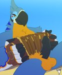 accordion anthro balls beak blue_background genitals looking_at_viewer male musical_instrument nude penis playing_music presenting simple_background solo spread_legs spreading bmbrigand breath_of_the_wild nintendo the_legend_of_zelda kass_(tloz) avian rito 2024 hi_res