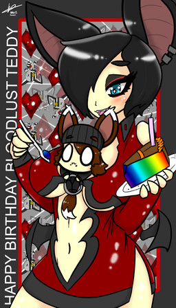 birthday_candle black_hair cake chibi clothing dessert duo ear_piercing eyeliner feeding female food hair happy_birthday hat headgear headwear heart_symbol jester makeup male navel piercing rainbow halotroll vampire 4:7 absurd_res hi_res