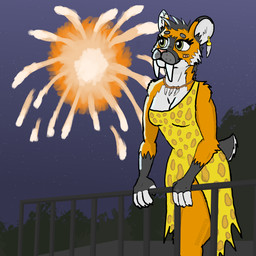 anthro balcony band-aid bandage barrier caveman claws clothed clothing dress ear_markings ear_piercing ear_ring eyelashes facial_markings facial_tuft fangs female fireworks fur green_eyes grey_body grey_fur head_markings head_tuft holidays jewelry looking_up markings mouth_closed necklace night orange_body orange_fur piercing pink_nose plant prehistoric_clothing ring_piercing sabertooth_(anatomy) short_tail sky smile solo standing star starry_sky tail teeth tree tuft white_body white_fur sabrecheeta new_year sabrie_(sabrecheeta) felid feline mammal pantherine prehistoric_species saber-toothed_tiger 1:1 digital_media_(artwork) hi_res krita_(artwork)